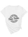 Detail van wit katoenen T-shirt met V-hals, Dance Teacher slogan en knoop in de zoom - S / Wit (Zwart Lettertype)