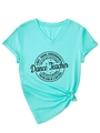 Detail van lichtgroen T-shirt met V-hals, Dance Teacher-print en een geknoopte zoom - S / Diep Water Blauw (Zwart Lettertype)
