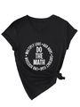 Detail of V-neck T-shirt showing DO THE MATH print and stylish side knot design - Black (White Font)