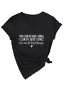 Detail of black V-neck T-shirt showing front inspirational print and side knot design - Black (White Letters)