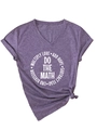 Detail of V-neck purple t-shirt with DO THE MATH slogan and stylish side knot design - Purple (White Font)