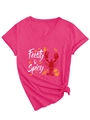 Détail du t-shirt rose col en V avec imprimé homard et noeud frontal tendance - S / Rose rouge