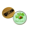 Vintage Brosche mit grünem Kleeblatt, rotem Marienkäfer und Good Luck Aufschrift - Kleeblatt mit Marienkäfer (Bronze-1)