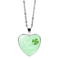 Silver-colored heart necklace with green four-leaf clover and Good Luck text - Fresh Clover Script Style (JY009314-8)