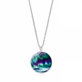 Detailed macro view of silver necklace with round Northern Lights art glass pendant - High Saturation Aurora Art (JY009322-8)