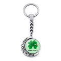 Rotating four-leaf clover keychain with silver crescent moon frame and good luck charm - Light Green Clover and Ladybug Style (JY009293-2)