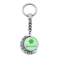 Rotating four leaf clover keychain with Good Luck pendant in silver metal finish - Pale Green Clover Style (JY009293-3)