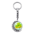 Rotating silver lucky clover keychain with green trefoil pendant and Good Luck text - Ribbon Shamrock Style (JY009293-4)