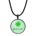 Green four-leaf clover pendant necklace with black woven rope and Good Luck text - Minimalist Light Green Clover Style (JY009296-3)