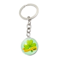 Silver metal keychain with a green clover round pendant and Good Luck text - Shamrock Rainbow Style (JY009299-4)