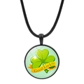 Green lucky clover pendant necklace with black wax rope and Good Luck lettering - Festive Yellow Ribbon Clover Style (JY009296-4)