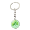Good Luck keychain with green clover pendant in silver finish and white lettering - Handwritten Shamrock Style (JY009299-5)