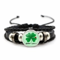 Black braided leather bracelet featuring a green lucky four-leaf clover and Good Luck text - Lucky Four-leaf Clover Style (JY009291-2)