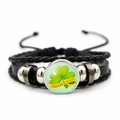 Black leather layered bracelet with green lucky clover charm and Good Luck text - Good Luck Clover Style (JY009291-4)