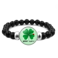 Beaded bracelet with black stones and lucky four-leaf clover charm with Good Luck text - Good Luck Clover Ladybug Style (JY009294-2)