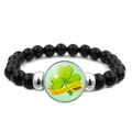 Handmade beaded bracelet featuring black obsidian beads and green lucky clover charm - Shamrock Good Luck Exclamation Style (JY009294-4)