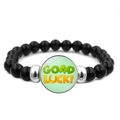 Bracciale di perline nere con accenti d'argento e ciondolo quadrifoglio portafortuna - Stile Ferro di Cavallo Trifoglio Good Luck (JY009294-6)