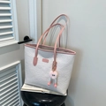 Large white and pink contrast tote bag with embossed patterns and plush charm - Pink With Pendant
