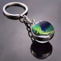 Double-sided glass orb keychain with aurora borealis design and polished silver ring - Aurora Snow Forest Style (JY009320-1)