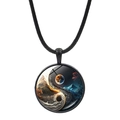 Macro detail of round yin yang pendant with nature landscape art and black wax rope cord - Winter Summer Nature Style (JY007933-8)