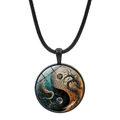 Yin Yang tree of life glass pendant necklace with black cord and cosmic star pattern - Natural Tree Galaxy Style (JY007933-4)