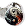 Yin Yang Tai Chi keychain with fire and water design on a round metal pendant - Flame and Wave Art Style (JY009351-9)