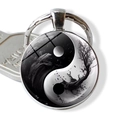 Ink style Yin Yang Tai Chi pendant keychain with silver metal ring and glass dome - Ink Black and White Tai Chi Style (JY009351-5)