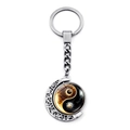 Rotating Yin Yang Tai Chi keychain with silver crescent moon frame and gold detailing - Scroll Tai Chi Style (JY009352-10)