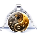 Macro view of Yin-Yang pendant with golden fractal spiral patterns and silver chain - Fractal Spiral Style (JY009349-12)