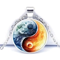 Close-up of Yin Yang pendant with blue water and red fire elements on silver chain - Ice and Fire Earth Style (JY009349-6)