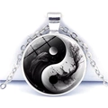 Artistic Yin Yang Tai Chi pendant necklace with silver chain and nature motifs - Ink Landscape Style (JY009349-5)