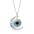 Detail of silver crescent moon necklace featuring a realistic blue glass eyeball pendant - Clear Blue Eye Style (JY009357-11)