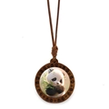 Cute panda wood necklace with crystal detail and brown braided rope for women - Panda Holding Bamboo Style 12 (JY009365-12)