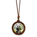 Detail of wooden panda pendant with hand-carved edges and colorful bamboo illustration - Panda Holding Bamboo Style 11 (JY009365-11)