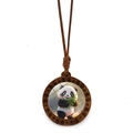 Cute panda bamboo wooden pendant necklace with crystal dome and vintage braided rope cord - Panda Holding Bamboo Style 10 (JY009365-10)