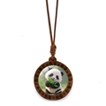Detail showing a round wooden pendant with cartoon panda and green bamboo art - Panda Holding Bamboo Style 9 (JY009365-9)