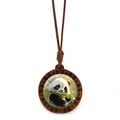 Detail of round wooden panda pendant with vintage spiral texture on brown braided rope - Panda Holding Bamboo Style 8 (JY009365-8)