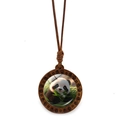 Macro detail of round wooden panda pendant with glass insert and spiral carved frame - Panda Holding Flowers Style 7 (JY009365-7)