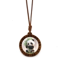 Handcrafted panda bamboo wood necklace with crystal glass dome on braided rope - Panda Holding Bamboo Style 3 (JY009365-3)