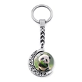 Detailed macro view of rotating silver moon keychain featuring a cute panda with bamboo motif - Hand-painted Panda Style (JY009363-9)