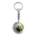 Close-up of a silver moon-shaped panda keychain with a rotating double-sided pendant - Playful Panda Style (JY009363-8)