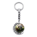 Detailed view of silver crescent moon keychain with rotating panda glass gem pendant - Cloud Pattern Panda Style (JY009363-7)