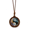 Vintage wood Yin Yang necklace with cosmic nebula glass orb and brown braided rope - Artistic Nebula Style (JY009354-1)