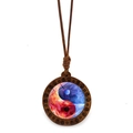 Vintage wood Yin Yang pendant with red and blue nebula pattern and brown wax rope - Red Blue Universe Style (JY009354-2)