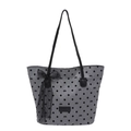 Grey polka dot tote bag with black bow patterns and lace ribbon on white background - Dark Gray Type 2