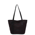 Black tote bag featuring red heart prints and a delicate black lace bow decoration - Black
