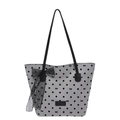 Chic grey polka dot tote bag with large lace bow and elegant black shoulder straps - Light Gray