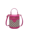 Women's vintage cylinder bucket bag in contrast rose red and monogram pattern leather - Rose Red