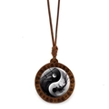 Vintage wood Yin Yang Tai Chi pendant necklace with brown braided cord on white background - Classic Tai Chi Style (JY009354-5)