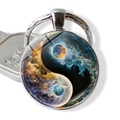 Yin Yang Tai Chi keychain with cosmic nebula pattern on silver metal pendant - Creative Nebula Style (JY009351-1)